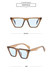 Detailed front and side view of brown polygonal sunglasses with light blue lenses