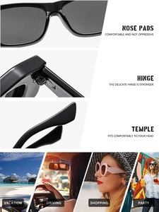 Detail shots of reinforced hinges and comfortable nose pads on black square sunglasses