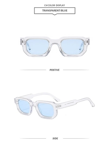 Detail view of transparent blue rectangular sunglasses with thick frames from multiple angles
