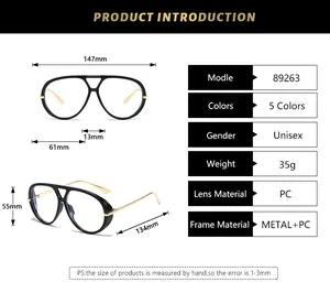 Detailed size chart for oversized aviator blue light blocking glasses with frame dimensions