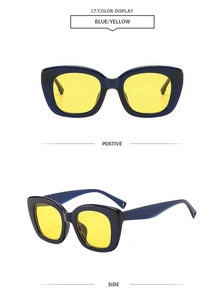 Detail of blue cat eye sunglasses with yellow lenses and geometric cutout temples