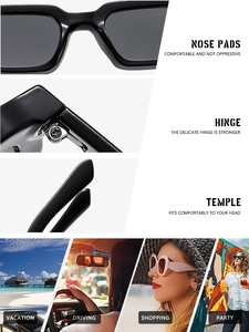 Detail of reinforced hinges and smooth nose pads on black square retro sunglasses
