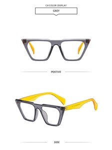 Detail of grey geometric oversized frames and bright yellow transparent temples