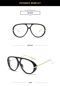 Detail view of black aviator frames with gold metal temples from front and side angles