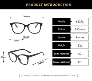 Detailed size chart for blue light blocking glasses with frame dimensions and specifications