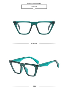 Front and side view of emerald green translucent square frame sunglasses with metal accents