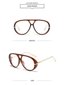 Detail view of retro pilot eyeglasses frame in dark brown with gold metal temples