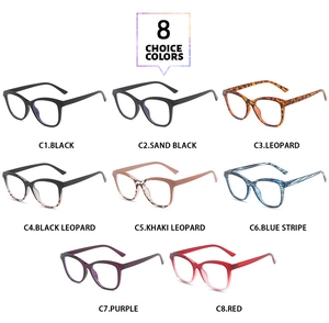 Matrix layout showing eight stylish color options for cat-eye anti-blue light glasses frames