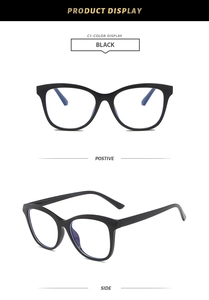 Detail view of black cat-eye anti-blue light glasses frame from front and side angles