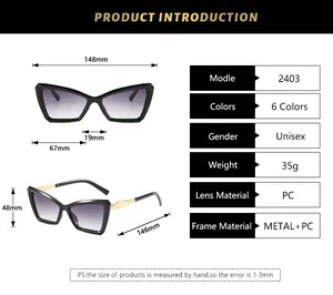Detailed size chart for stylish cat-eye sunglasses including lens width and arm length
