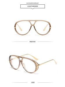 Detail view of light brown oversized aviator frames with dual bridge and gold metal temples