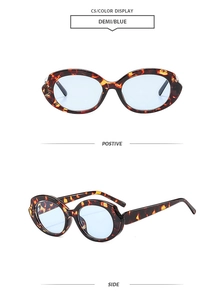 Front and side view of retro demi sunglasses with blue lenses and oval frame
