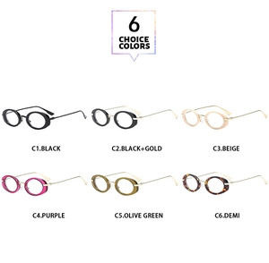 Six assorted colors of modern oval frame glasses with metal temples on white background