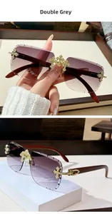 Detail of rimless square sunglasses with rhinestone cross accents and wood texture temples