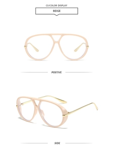Detail view of beige pilot-style frames with double bridge and gold metal temples