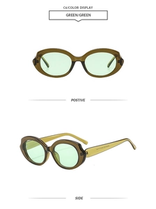 Detail view of oval olive green sunglasses with translucent frames and tinted lenses