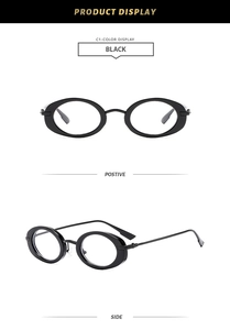 Detail view of oval black frame glasses with slim metal temples and C1 color finish