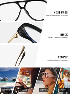 Detail view of reinforced hinges, nose pads, and sleek temples of large frame glasses