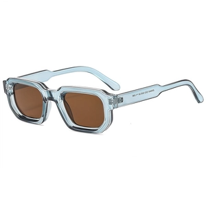 Retro square light blue sunglasses with dark brown lenses shown from a 45-degree angle