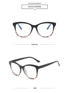 Front and side view of cat-eye glasses frame in black and leopard print finish
