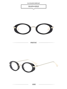 Macro detail of oval black frames with gold metal temples shown from multiple angles