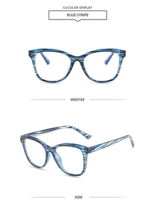 Detailed views of blue stripe cat-eye glasses frames showing front and side angles