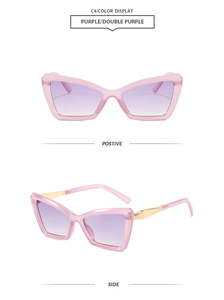 Detailed front and side view of pink cat eye sunglasses with purple gradient lenses