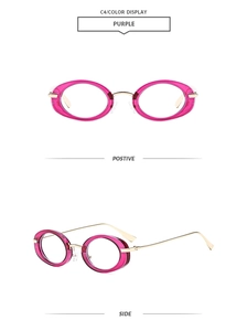 Detailed views of purple oval eyewear frames with slim gold metallic temples