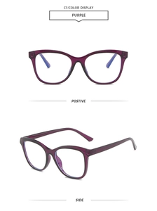 Detail view of purple semi-transparent cat-eye glasses with anti-blue light coating lenses