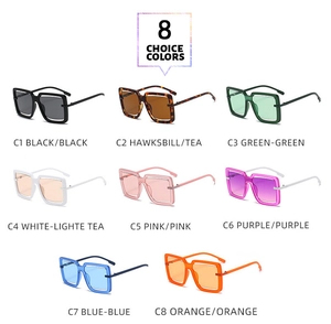 Matrix display of square oversized sunglasses in eight vibrant candy colors with C1-C8 labels