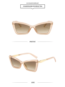 Detail of champagne cat-eye sunglasses with gradient lenses and gold geometric temples