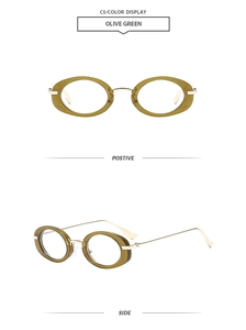 Olive green oval glasses frame in metal and translucent finish showing front and side view
