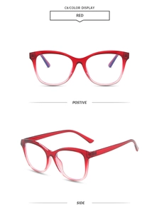 Detailed front and side view of red gradient cat-eye blue light blocking glasses frame