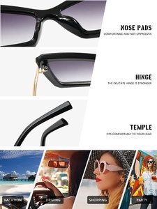Detail of nose pads, hinges and temples on stylish cat-eye sunglasses with gradient lenses