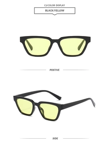 Front and side views of vintage square sunglasses with black frame and yellow lens