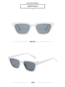 White square frame retro sunglasses with dark grey lenses C3 front and side detail view