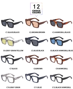 Grid view of 12 stylish square thick-frame sunglasses in various colors and patterns