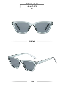 Detailed front and side view of transparent gray square sunglasses with black lenses