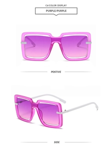 Detailed views of purple gradient lenses and bold white temples on oversized sunglasses