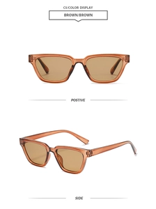 Classic square sunglasses with brown transparent frames and brown lenses shown from two angles