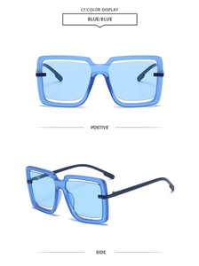 Front and side views of chunky blue square sunglasses with thick acetate frames