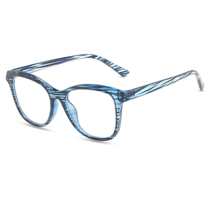 Classic blue and black striped square glasses frame in a 45-degree angle view