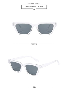 Front and side views of vintage square sunglasses with transparent frames and black lenses