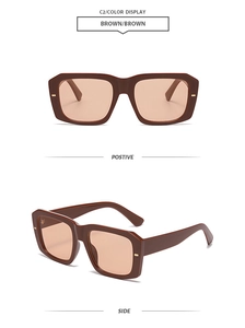 Detail view of brown square oversized sunglasses showing front and side profile views