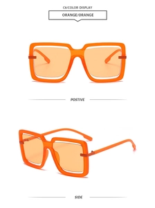 Detailed front and side view of oversized orange square frame fashion sunglasses