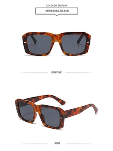 Front and side view of square oversized sunglasses in hawksbill frame and black lenses