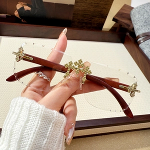 Fashionable rimless square sunglasses with wood temples and gold rhinestone cross accents