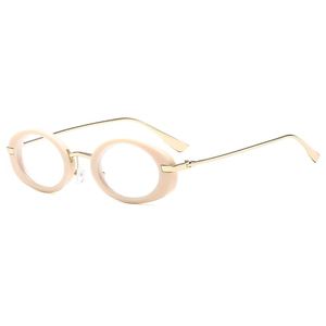 Modern oval pink frame glasses with slim gold metal temples on a white background