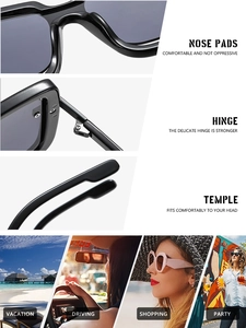 Detail of square sunglasses with reinforced hinges and nose pads for all-day comfort