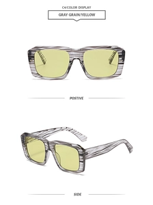 Front and side views of square vintage sunglasses with gray grain frame and yellow lenses